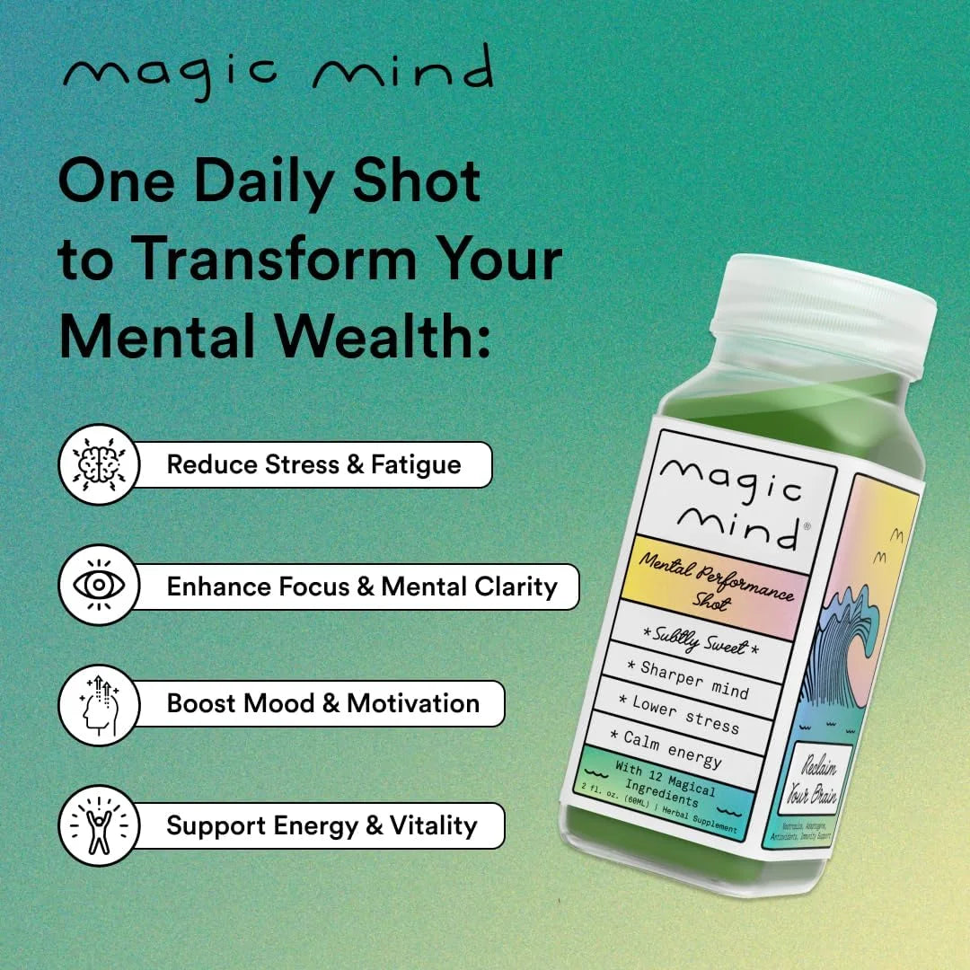 Magic Mind Energy & Focus Shots – No Jitters, Ashwagandha, B12, Matcha, Mushrooms, 2oz, Pack of 15