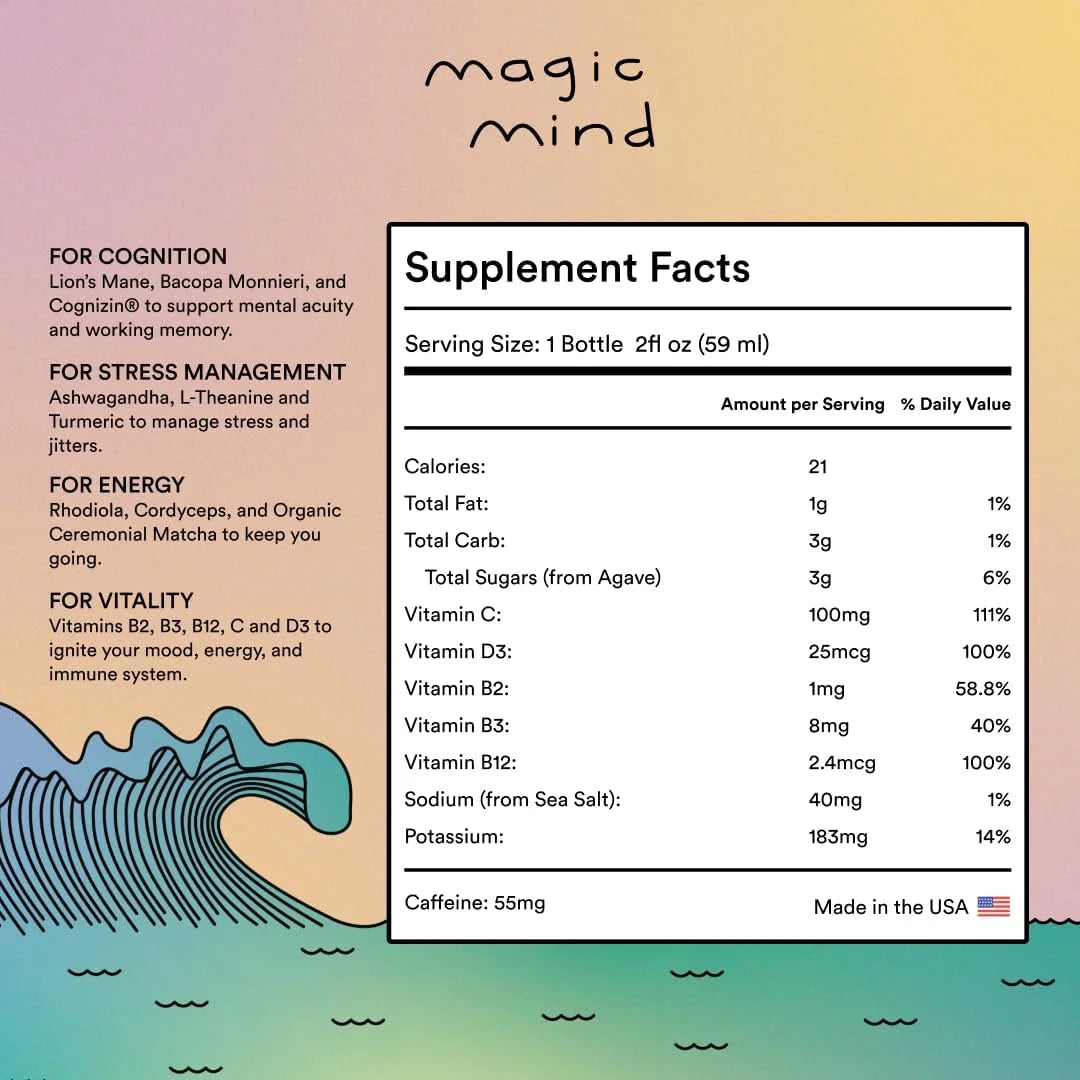 Magic Mind Energy & Focus Shots – No Jitters, Ashwagandha, B12, Matcha, Mushrooms, 2oz, Pack of 15